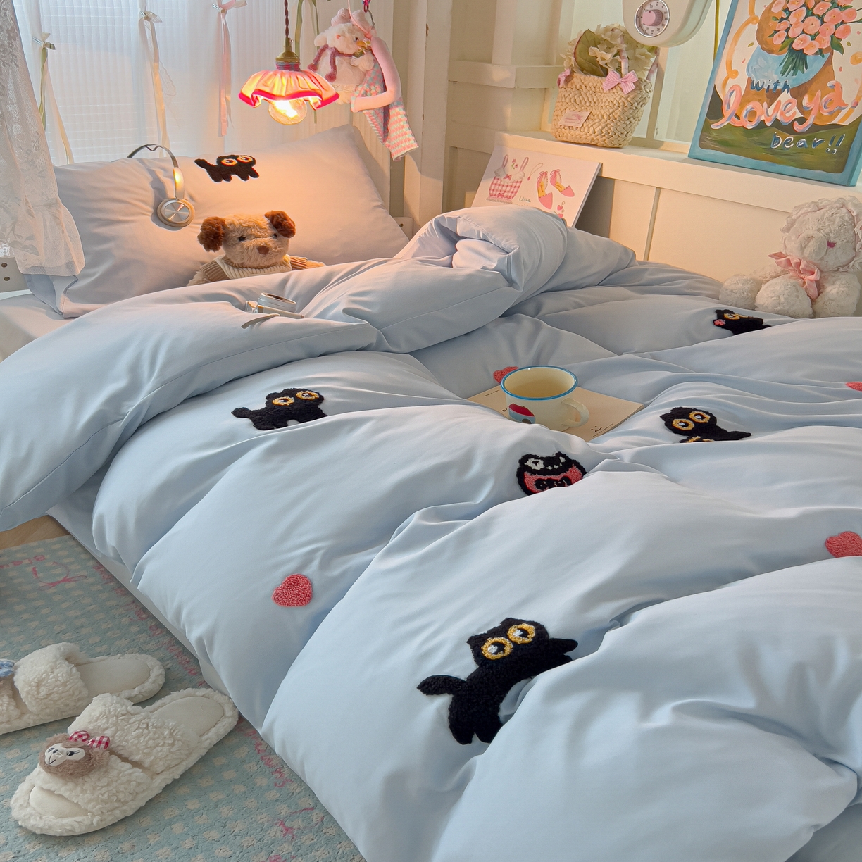 91家纺网 家纺一手货源 找家纺 韩巢家纺 2025新款学生宿舍寝室上下铺水洗棉毛巾绣被套床单三四件套-幸运猫 幸运猫浅蓝