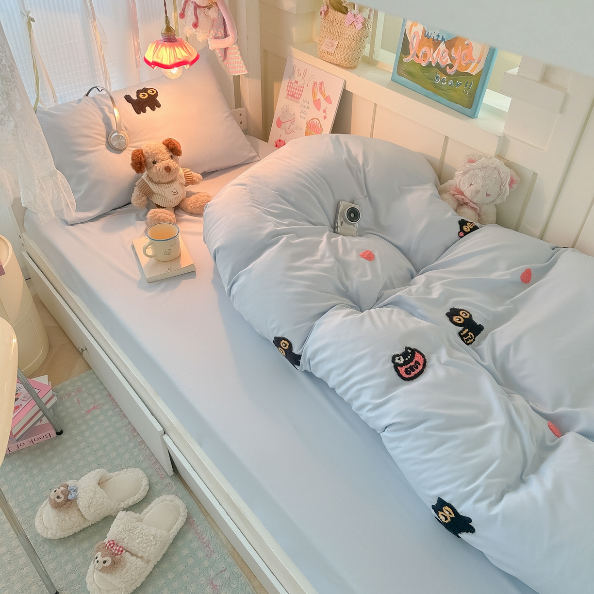 91家纺网 家纺一手货源 找家纺 韩巢家纺 2025新款学生宿舍寝室上下铺水洗棉毛巾绣被套床单三四件套-幸运猫 幸运猫浅蓝