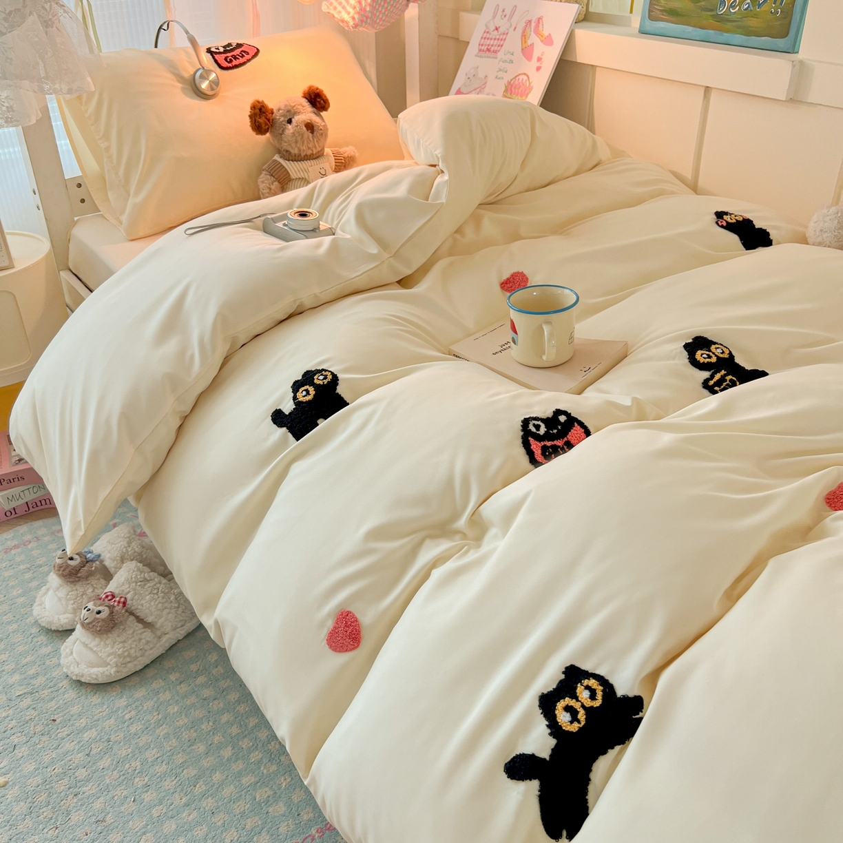 91家纺网 家纺一手货源 找家纺 韩巢家纺 2025新款学生宿舍寝室上下铺水洗棉毛巾绣被套床单三四件套-幸运猫 幸运猫奶黄