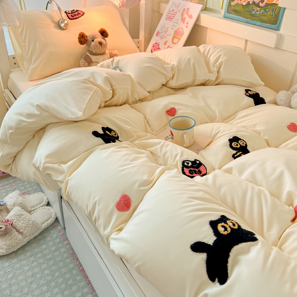 91家纺网 家纺一手货源 找家纺 （总）韩巢家纺 2025新款学生宿舍寝室上下铺水洗棉毛巾绣被套床单三四件套-幸运猫