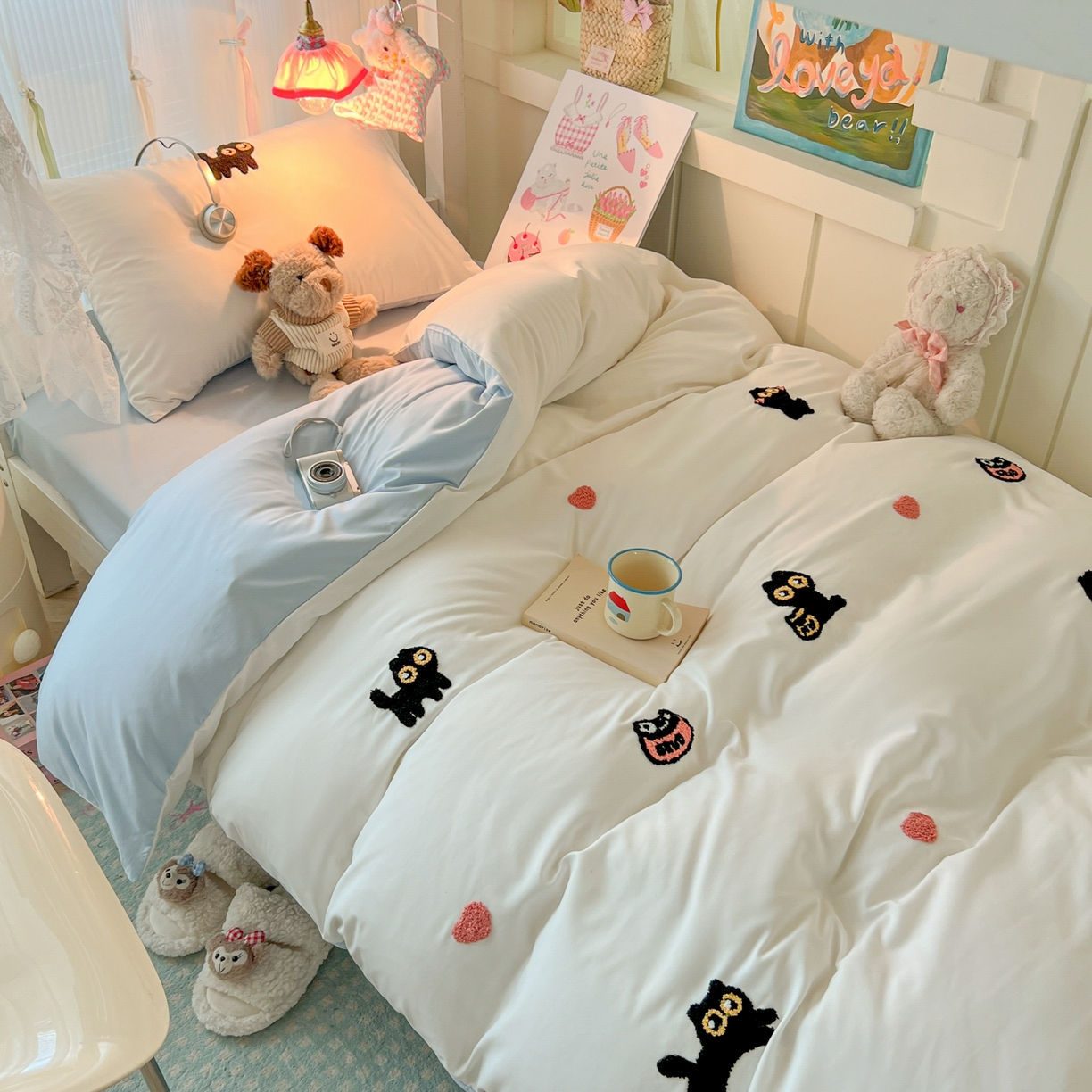 91家纺网 家纺一手货源 找家纺 韩巢家纺 2025新款学生宿舍寝室上下铺水洗棉毛巾绣被套床单三四件套-幸运猫 幸运猫白蓝