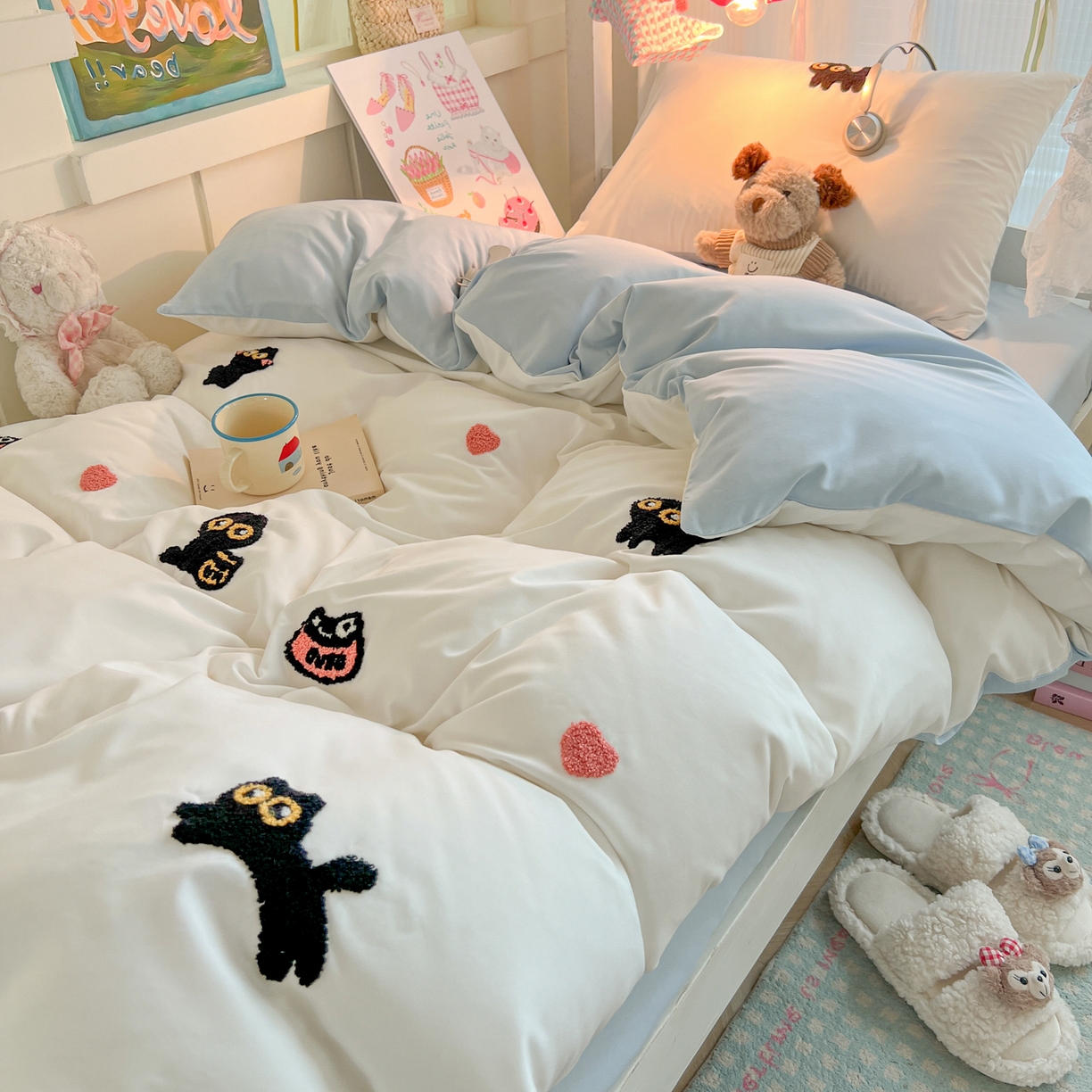 91家纺网 家纺一手货源 找家纺 韩巢家纺 2025新款学生宿舍寝室上下铺水洗棉毛巾绣被套床单三四件套-幸运猫 幸运猫白蓝