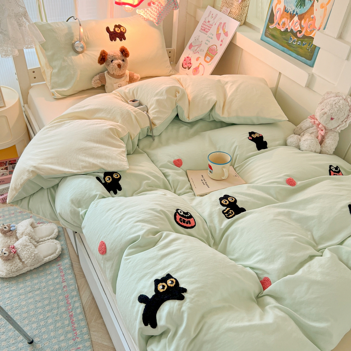 91家纺网 家纺一手货源 找家纺 韩巢家纺 2025新款学生宿舍寝室上下铺水洗棉毛巾绣被套床单三四件套-幸运猫 幸运猫浅绿黄