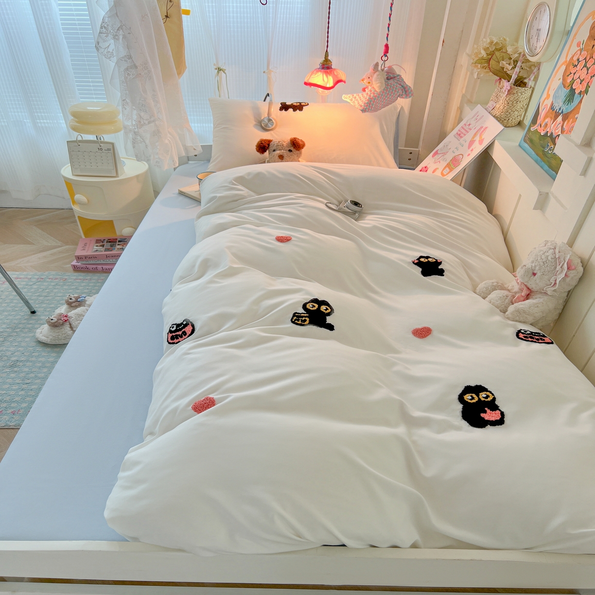 91家纺网 家纺一手货源 找家纺 韩巢家纺 2025新款学生宿舍寝室上下铺水洗棉毛巾绣被套床单三四件套-幸运猫 幸运猫白蓝