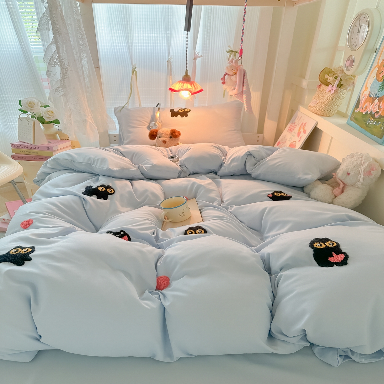 91家纺网 家纺一手货源 找家纺 （总）韩巢家纺 2025新款学生宿舍寝室上下铺水洗棉毛巾绣被套床单三四件套-幸运猫