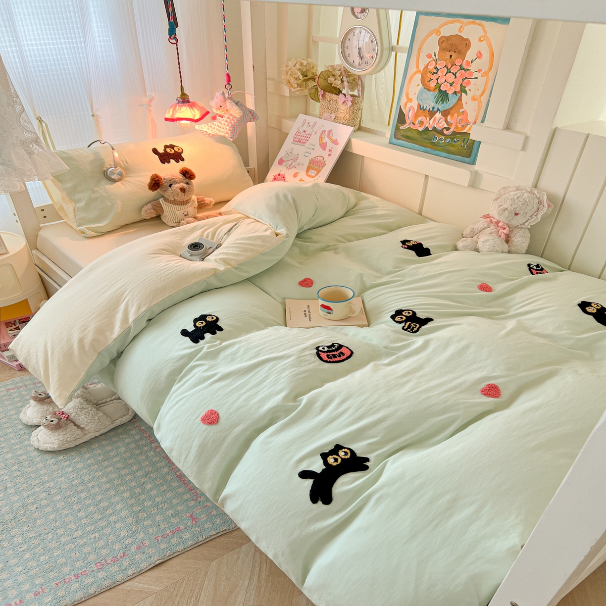 91家纺网 家纺一手货源 找家纺 韩巢家纺 2025新款学生宿舍寝室上下铺水洗棉毛巾绣被套床单三四件套-幸运猫 幸运猫浅绿黄