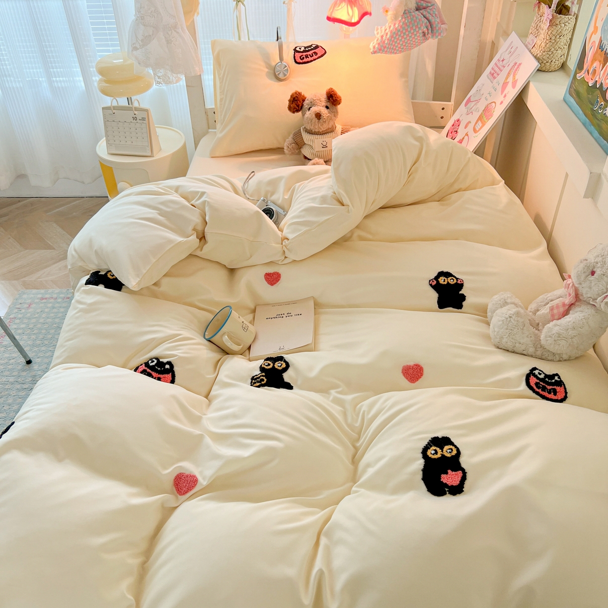 91家纺网 家纺一手货源 找家纺 韩巢家纺 2025新款学生宿舍寝室上下铺水洗棉毛巾绣被套床单三四件套-幸运猫 幸运猫奶黄