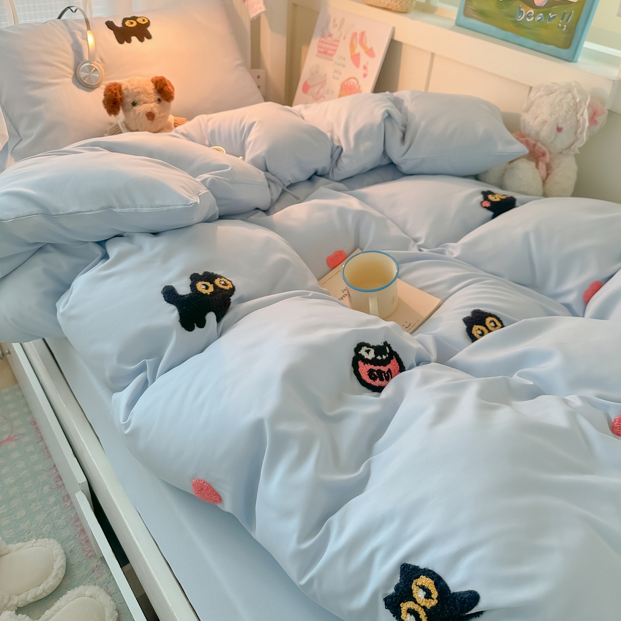 韩巢家纺 2025新款学生宿舍寝室上下铺水洗棉毛巾绣被套床单三四件套-幸运猫 幸运猫浅蓝