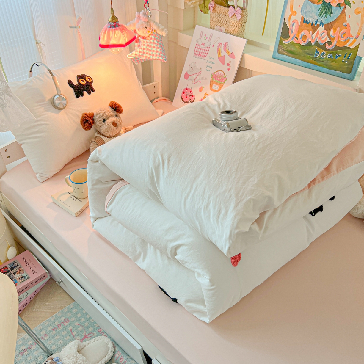 91家纺网 家纺一手货源 找家纺 韩巢家纺 2025新款学生宿舍寝室上下铺水洗棉毛巾绣被套床单三四件套-幸运猫 幸运猫白浅粉