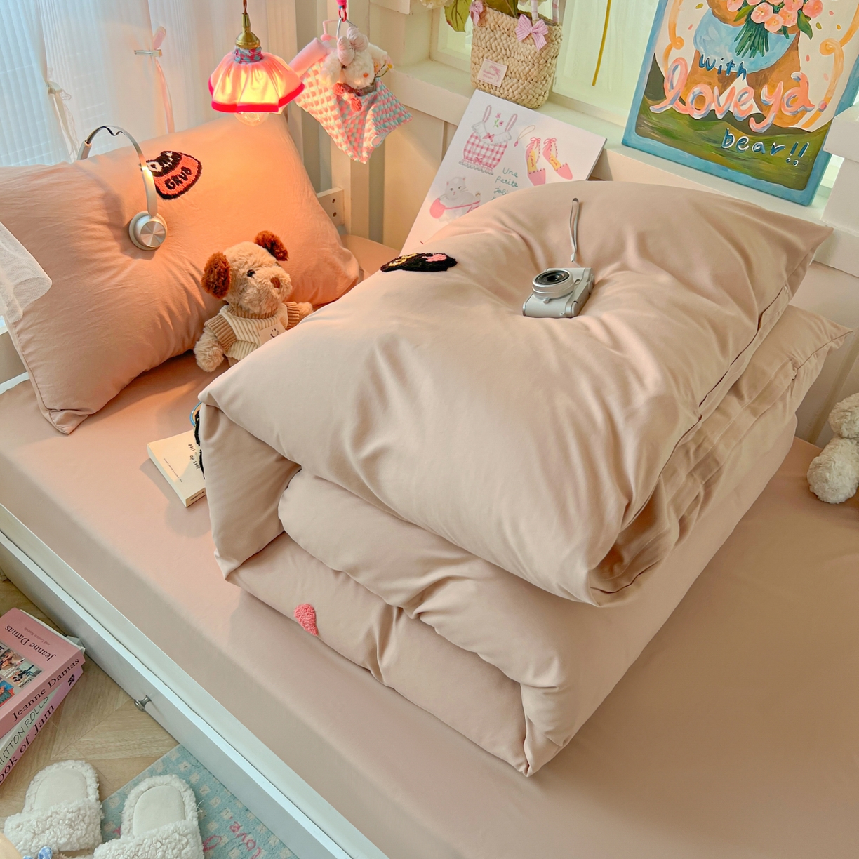 91家纺网 家纺一手货源 找家纺 韩巢家纺 2025新款学生宿舍寝室上下铺水洗棉毛巾绣被套床单三四件套-幸运猫 幸运猫奶咖