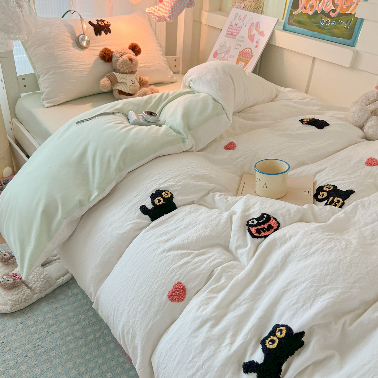 91家纺网 家纺一手货源 找家纺 韩巢家纺 2025新款学生宿舍寝室上下铺水洗棉毛巾绣被套床单三四件套-幸运猫 幸运猫白绿