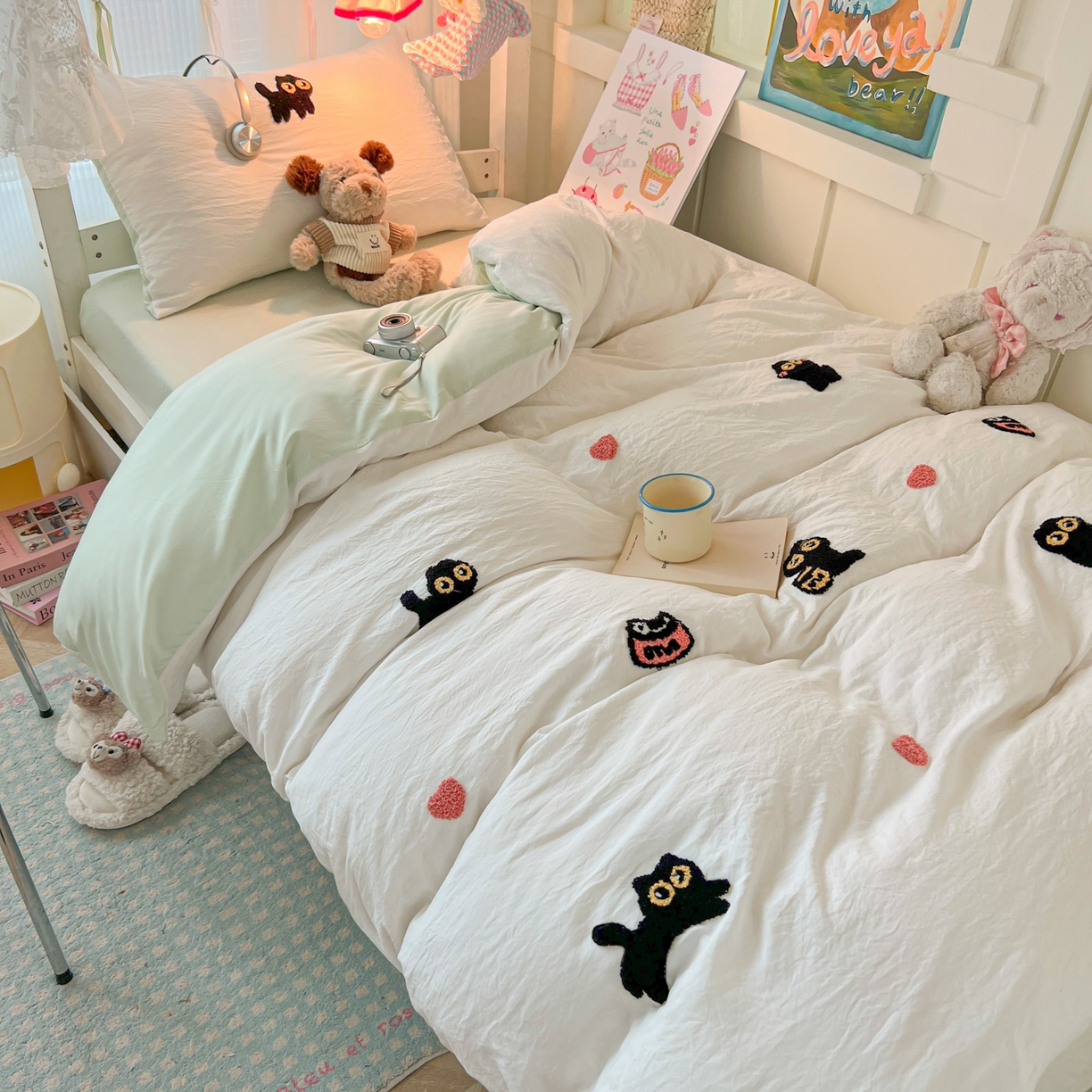 91家纺网 家纺一手货源 找家纺 韩巢家纺 2025新款学生宿舍寝室上下铺水洗棉毛巾绣被套床单三四件套-幸运猫 幸运猫白绿