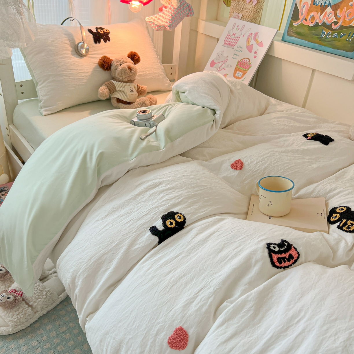 91家纺网 家纺一手货源 找家纺 韩巢家纺 2025新款学生宿舍寝室上下铺水洗棉毛巾绣被套床单三四件套-幸运猫 幸运猫白绿