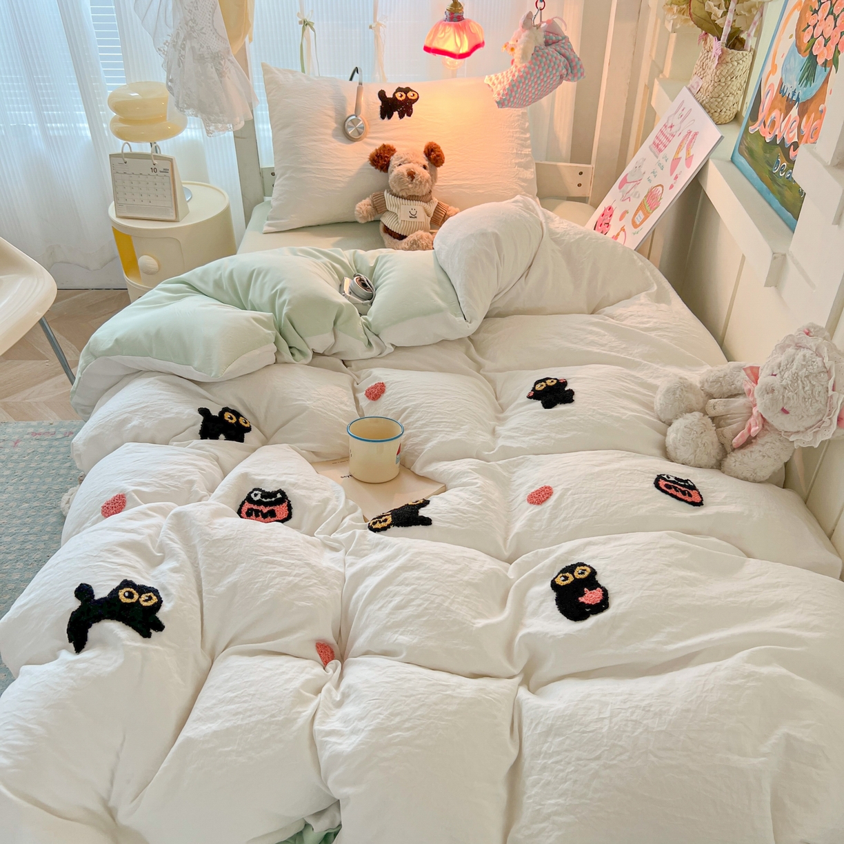 91家纺网 家纺一手货源 找家纺 韩巢家纺 2025新款学生宿舍寝室上下铺水洗棉毛巾绣被套床单三四件套-幸运猫 幸运猫白绿