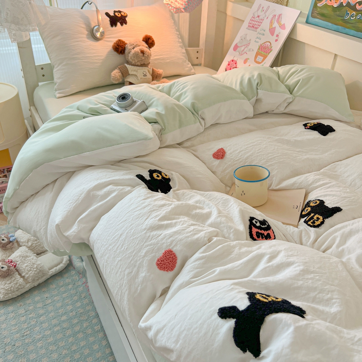 韩巢家纺 2025新款学生宿舍寝室上下铺水洗棉毛巾绣被套床单三四件套-幸运猫 幸运猫白绿