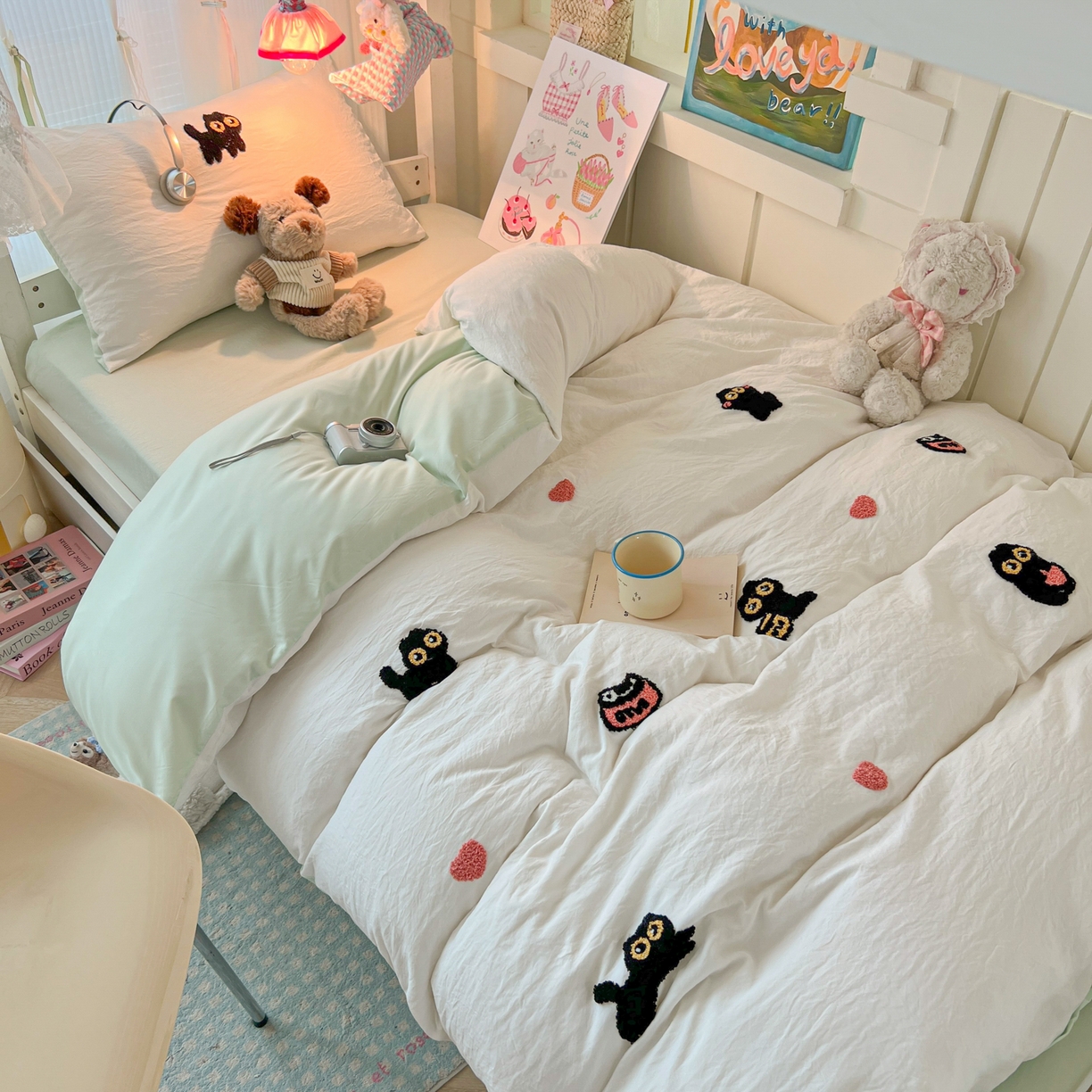 91家纺网 家纺一手货源 找家纺 韩巢家纺 2025新款学生宿舍寝室上下铺水洗棉毛巾绣被套床单三四件套-幸运猫 幸运猫白绿