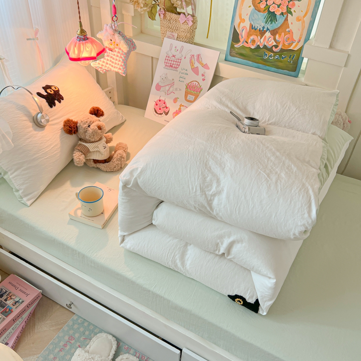 91家纺网 家纺一手货源 找家纺 韩巢家纺 2025新款学生宿舍寝室上下铺水洗棉毛巾绣被套床单三四件套-幸运猫 幸运猫白绿