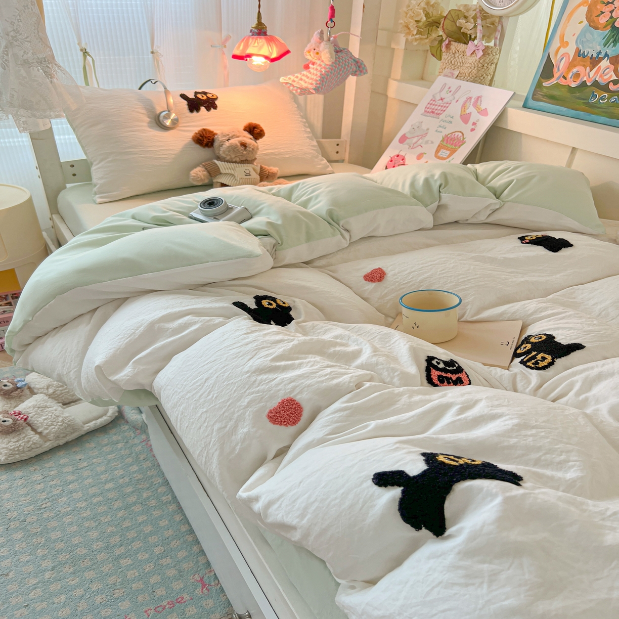91家纺网 家纺一手货源 找家纺 韩巢家纺 2025新款学生宿舍寝室上下铺水洗棉毛巾绣被套床单三四件套-幸运猫 幸运猫白绿