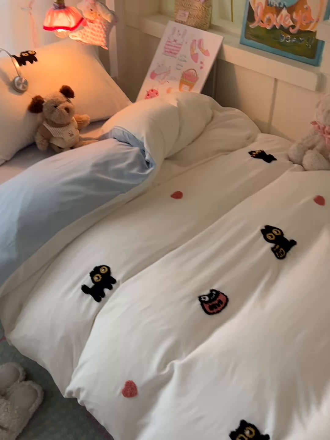 91家纺网 家纺一手货源 找家纺 韩巢家纺 2025新款学生宿舍寝室上下铺水洗棉毛巾绣被套床单三四件套-幸运猫 幸运猫白蓝