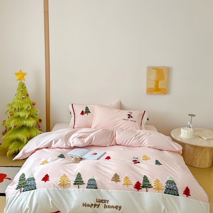 佳汐蓝家纺 2025秋冬新款森系北欧风毛巾绣四件套—森林秘境 森林秘境-粉