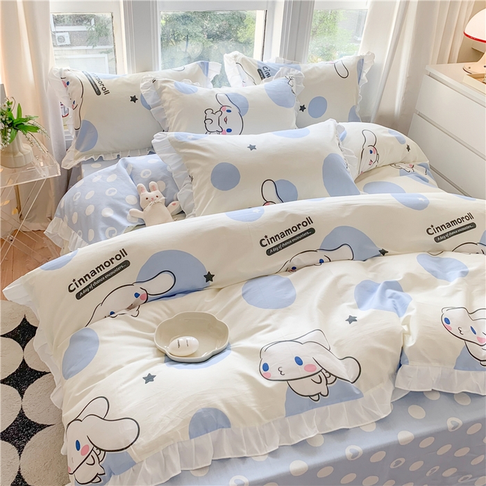 91家纺网 家纺一手货源 找家纺 玉元坊2025新款三丽鸥系列 全棉床单纯棉床裙三四件套  波点玉桂狗【花边款】