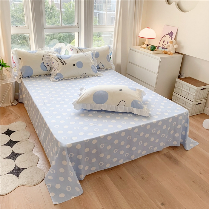 91家纺网 家纺一手货源 找家纺 玉元坊2025新款三丽鸥系列 全棉床单纯棉床裙三四件套  波点玉桂狗【花边款】