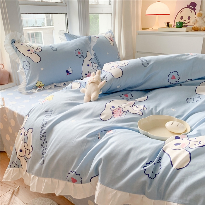 91家纺网 家纺一手货源 找家纺 玉元坊2025新款三丽鸥系列 全棉床单纯棉床裙三四件套  甜品玉桂狗【花边款】