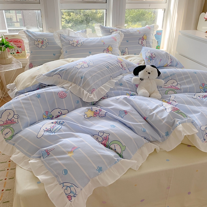 91家纺网 家纺一手货源 找家纺 玉元坊2025新款三丽鸥系列 全棉床单纯棉床裙三四件套  星星大耳狗【花边款】