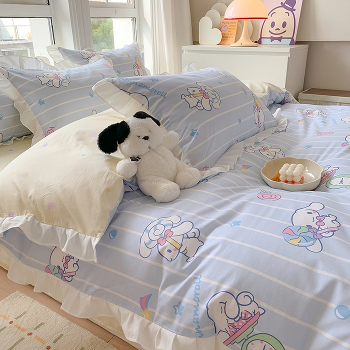 91家纺网 家纺一手货源 找家纺 玉元坊2025新款三丽鸥系列 全棉床单纯棉床裙三四件套  星星大耳狗【花边款】