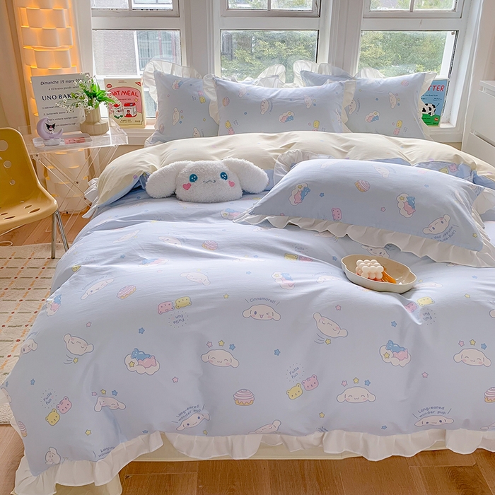 91家纺网 家纺一手货源 找家纺 玉元坊2025新款三丽鸥系列 全棉床单纯棉床裙三四件套  云朵大耳狗【花边款】