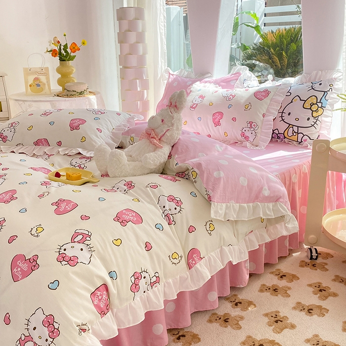 91家纺网 家纺一手货源 找家纺 玉元坊2025新款三丽鸥系列 全棉床单纯棉床裙三四件套  公主kt 花边款