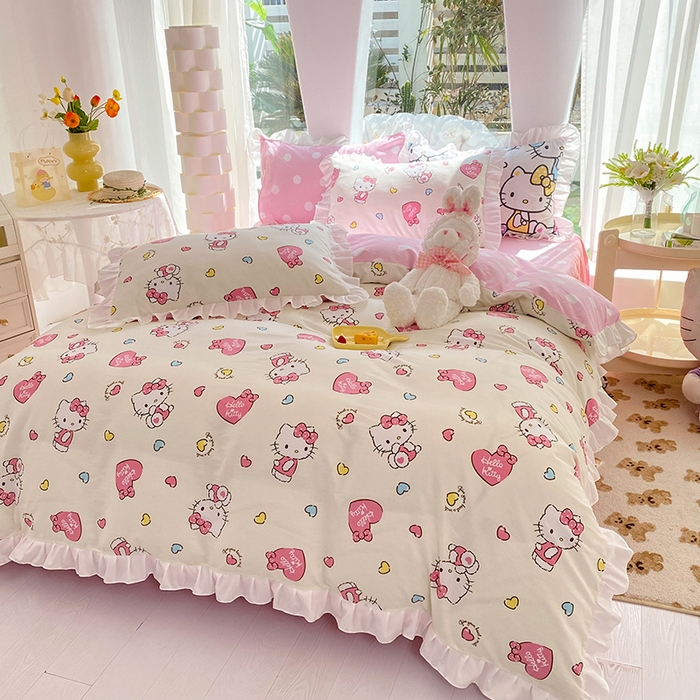 91家纺网 家纺一手货源 找家纺 玉元坊2025新款三丽鸥系列 全棉床单纯棉床裙三四件套  公主kt 花边款