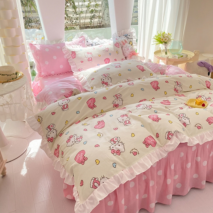 91家纺网 家纺一手货源 找家纺 玉元坊2025新款三丽鸥系列 全棉床单纯棉床裙三四件套  公主kt 花边款