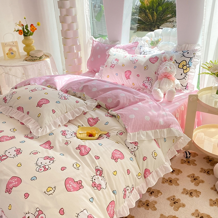 91家纺网 家纺一手货源 找家纺 玉元坊2025新款三丽鸥系列 全棉床单纯棉床裙三四件套  公主kt 花边款