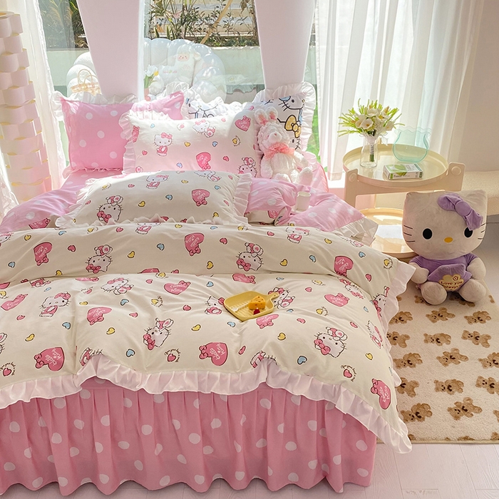 91家纺网 家纺一手货源 找家纺 玉元坊2025新款三丽鸥系列 全棉床单纯棉床裙三四件套  公主kt 花边款