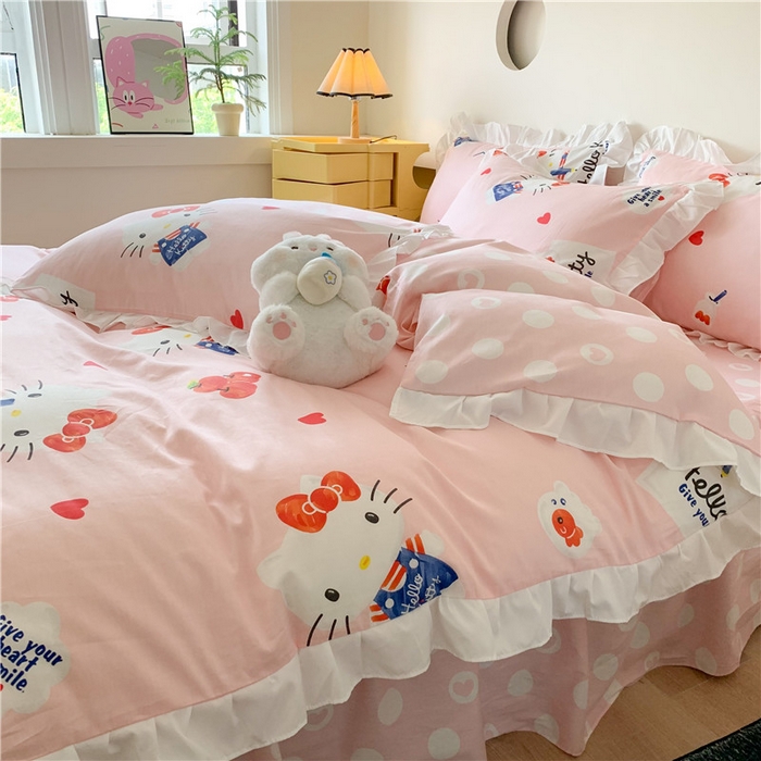 91家纺网 家纺一手货源 找家纺 玉元坊2025新款三丽鸥系列 全棉床单纯棉床裙三四件套  花边-苹果凯蒂