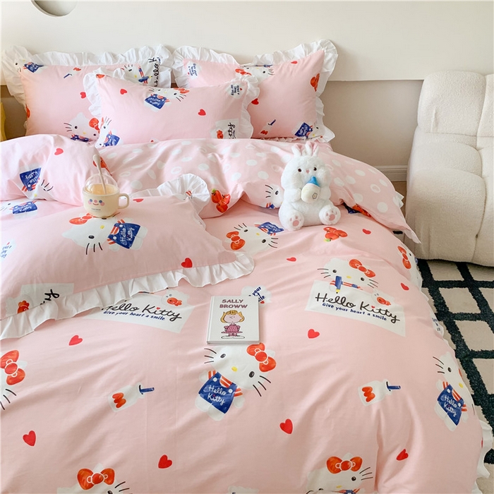 91家纺网 家纺一手货源 找家纺 玉元坊2025新款三丽鸥系列 全棉床单纯棉床裙三四件套  花边-苹果凯蒂