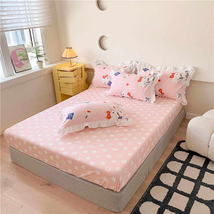 91家纺网 家纺一手货源 找家纺 玉元坊2025新款三丽鸥系列 全棉床单纯棉床裙三四件套  花边-苹果凯蒂