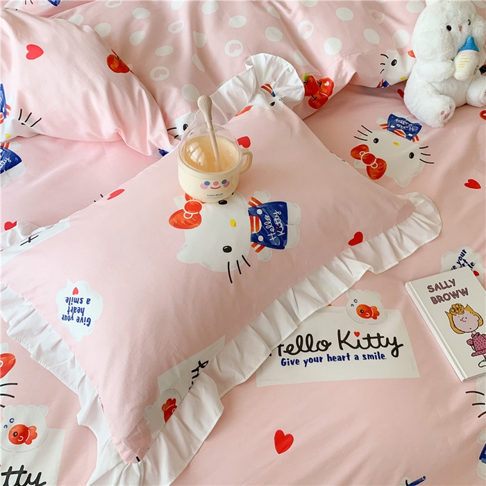 91家纺网 家纺一手货源 找家纺 玉元坊2025新款三丽鸥系列 全棉床单纯棉床裙三四件套  花边-苹果凯蒂