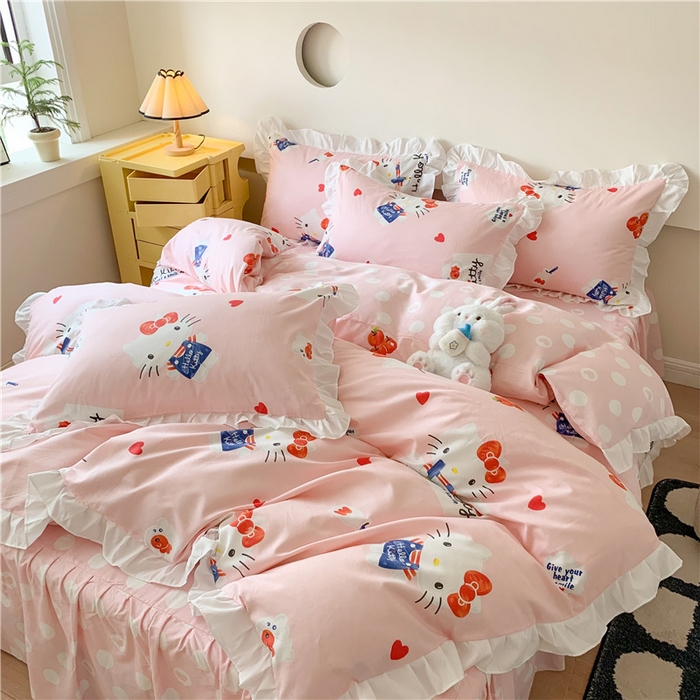 91家纺网 家纺一手货源 找家纺 玉元坊2025新款三丽鸥系列 全棉床单纯棉床裙三四件套  花边-苹果凯蒂