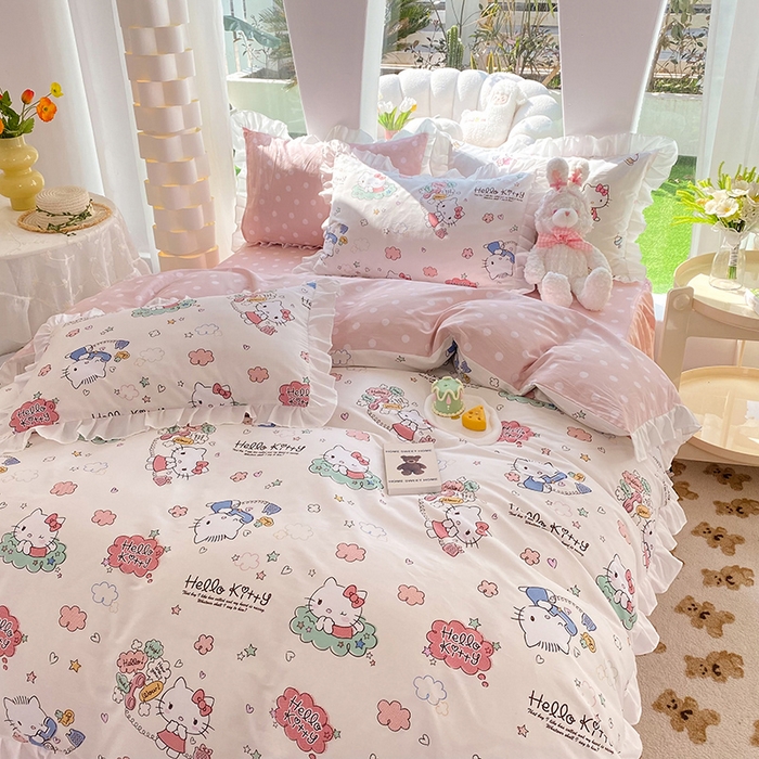 91家纺网 家纺一手货源 找家纺 玉元坊2025新款三丽鸥系列 全棉床单纯棉床裙三四件套  甜心kt 花边款