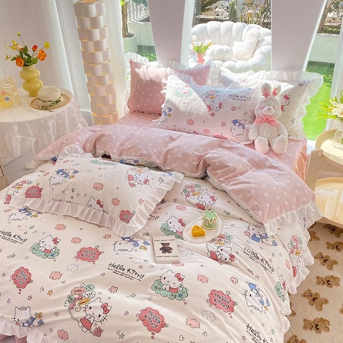 91家纺网 家纺一手货源 找家纺 玉元坊2025新款三丽鸥系列 全棉床单纯棉床裙三四件套  甜心kt 花边款