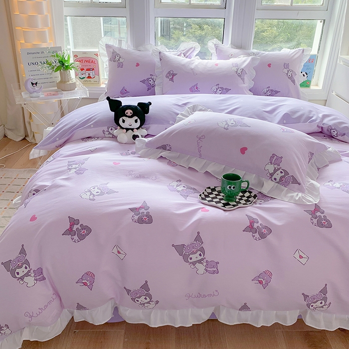 91家纺网 家纺一手货源 找家纺 玉元坊2025新款三丽鸥系列 全棉床单纯棉床裙三四件套  库洛米宝贝【花边款】