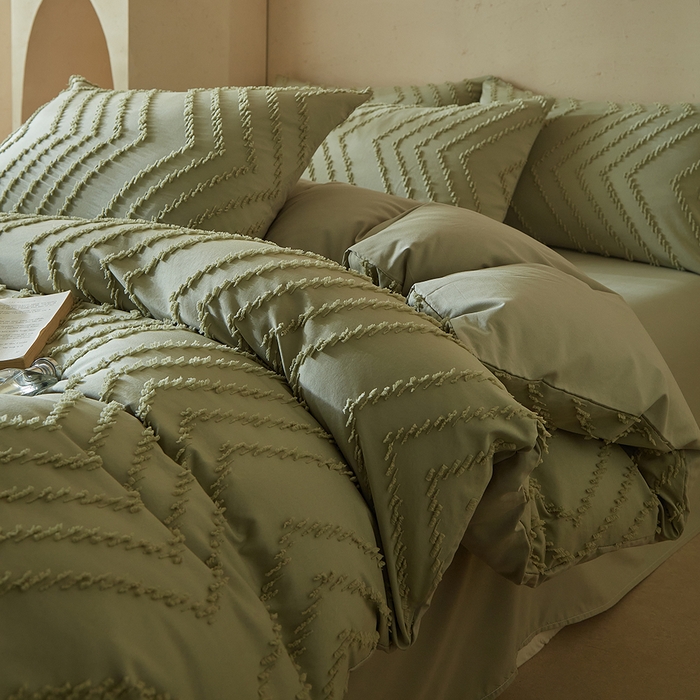 缘生活 2025新款立体剪花A面剪花面料B面加厚磨毛布料四件套 剪花波浪-旧绿