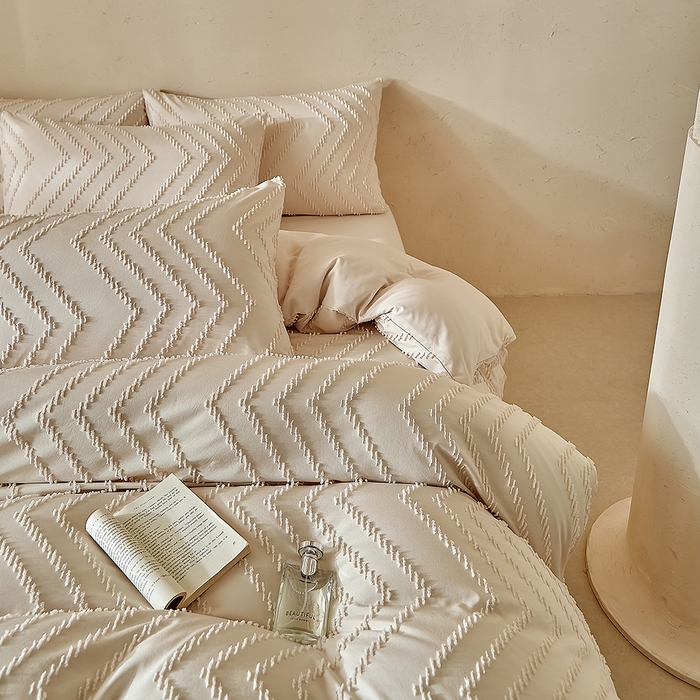 91家纺网 家纺一手货源 找家纺 缘生活 2025新款立体剪花A面剪花面料B面加厚磨毛布料四件套 剪花波浪-卡其