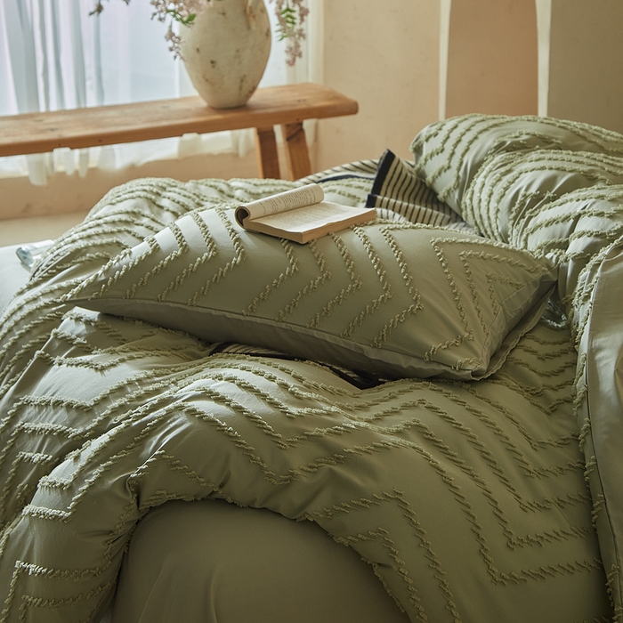 91家纺网 家纺一手货源 找家纺 缘生活 2025新款立体剪花A面剪花面料B面加厚磨毛布料四件套 剪花波浪-旧绿