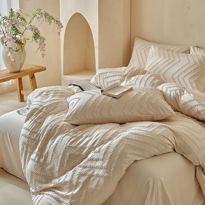 91家纺网 家纺一手货源 找家纺 缘生活 2025新款立体剪花A面剪花面料B面加厚磨毛布料四件套 剪花波浪-卡其