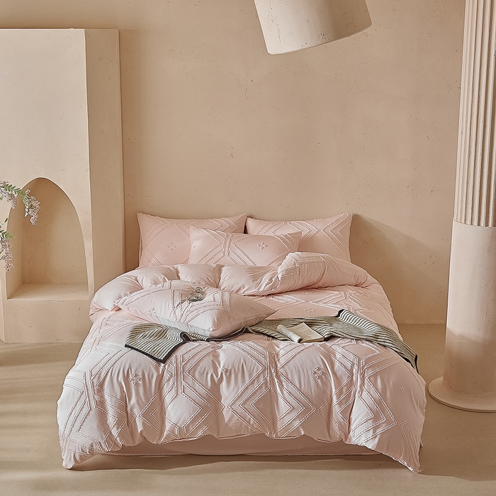 91家纺网 家纺一手货源 找家纺 缘生活 2025新款立体剪花A面剪花面料B面加厚磨毛布料四件套 剪花方格-粉色