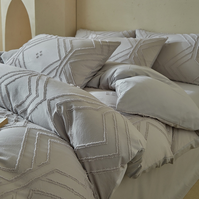 91家纺网 家纺一手货源 找家纺 缘生活 2025新款立体剪花A面剪花面料B面加厚磨毛布料四件套 剪花方格-浅灰