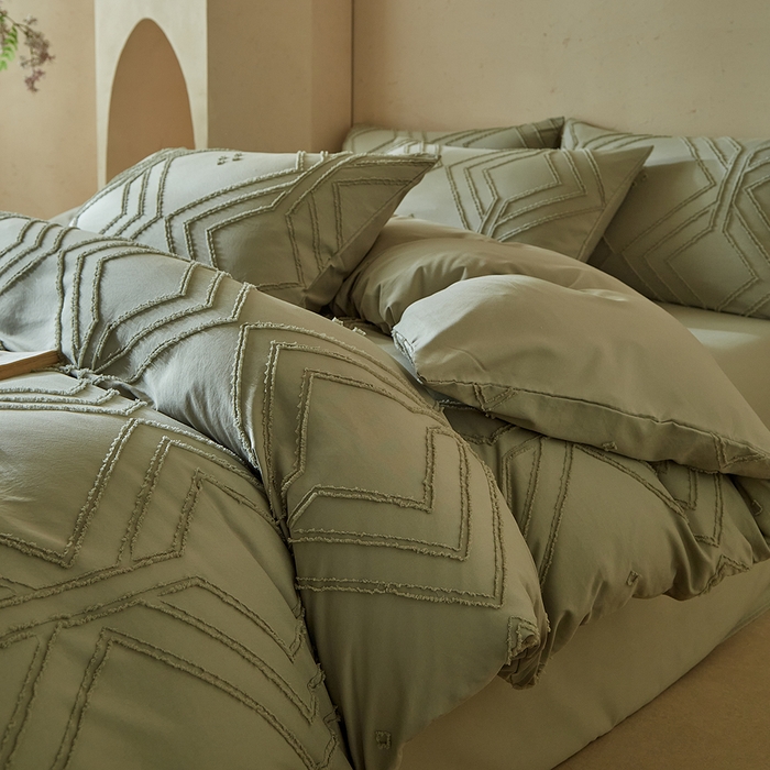 缘生活 2025新款立体剪花A面剪花面料B面加厚磨毛布料四件套 剪花方格-旧绿